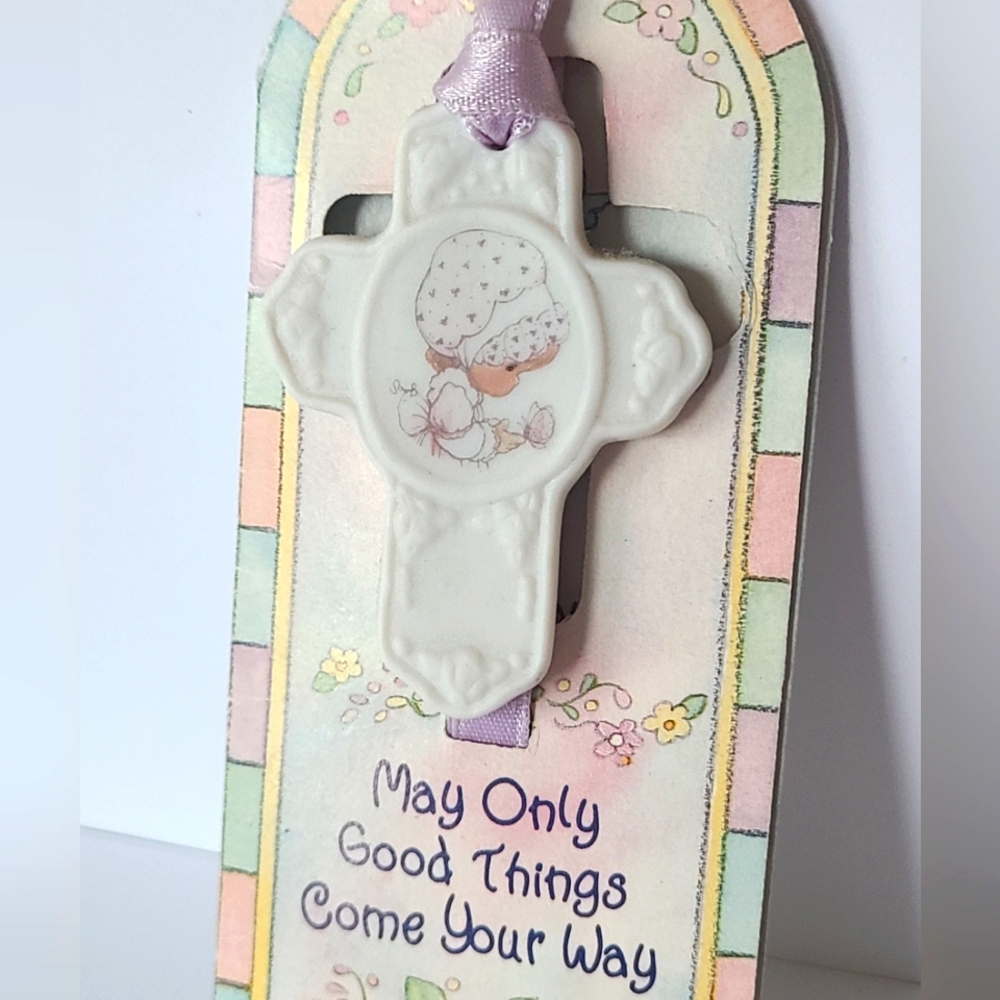 Vintage 90s Precious Moments Girl Gift Porcelain Cross Wall Decor Collectible
